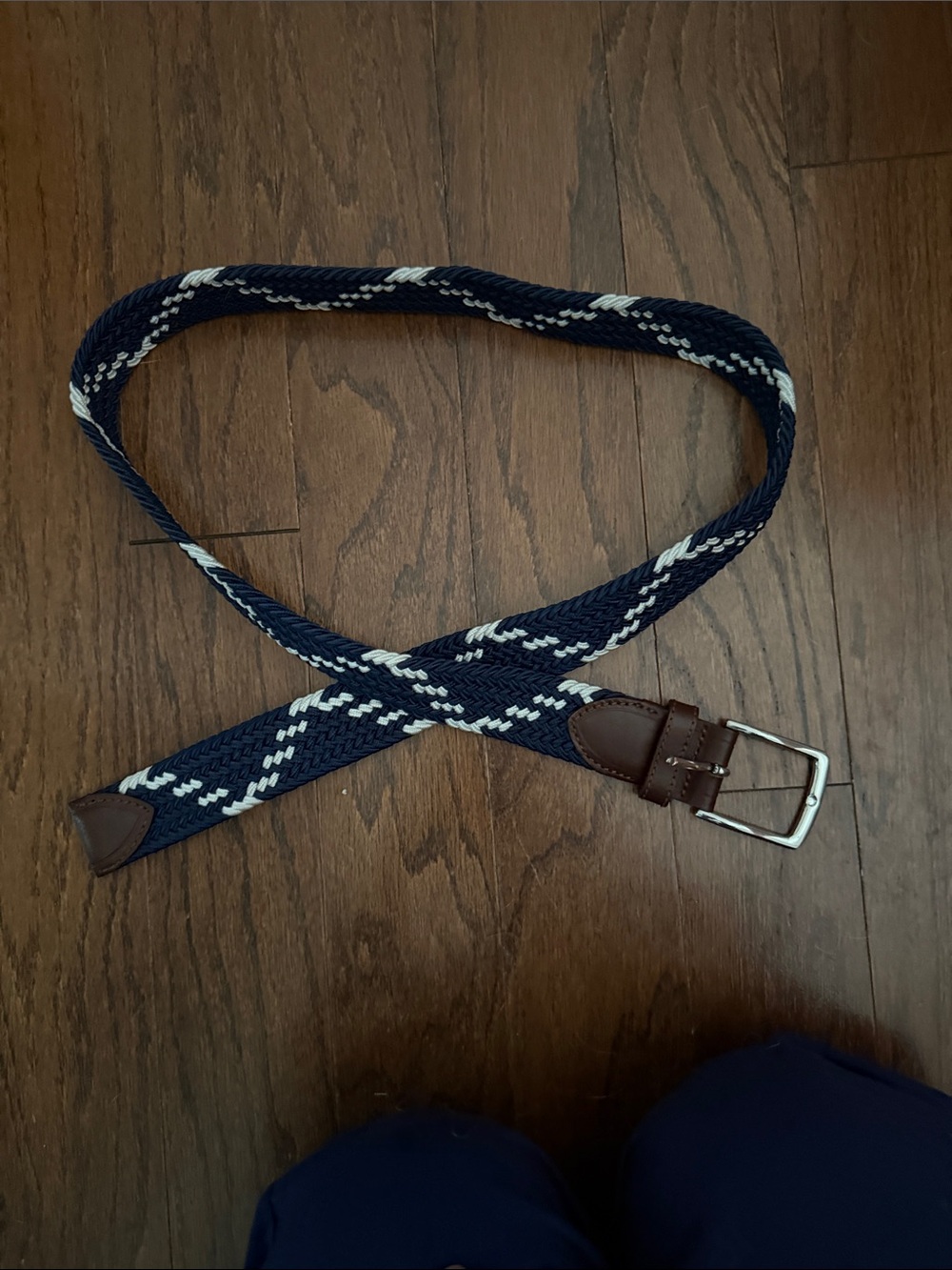 Southern Tide Navy and White Braided Woven Belt with Brown Trim